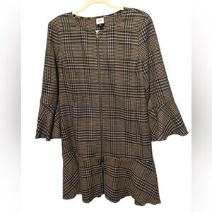 Cabi Cabi Brown black Plaid 2 Way Zip Peplum Hem Flounce Top Jacket Size L